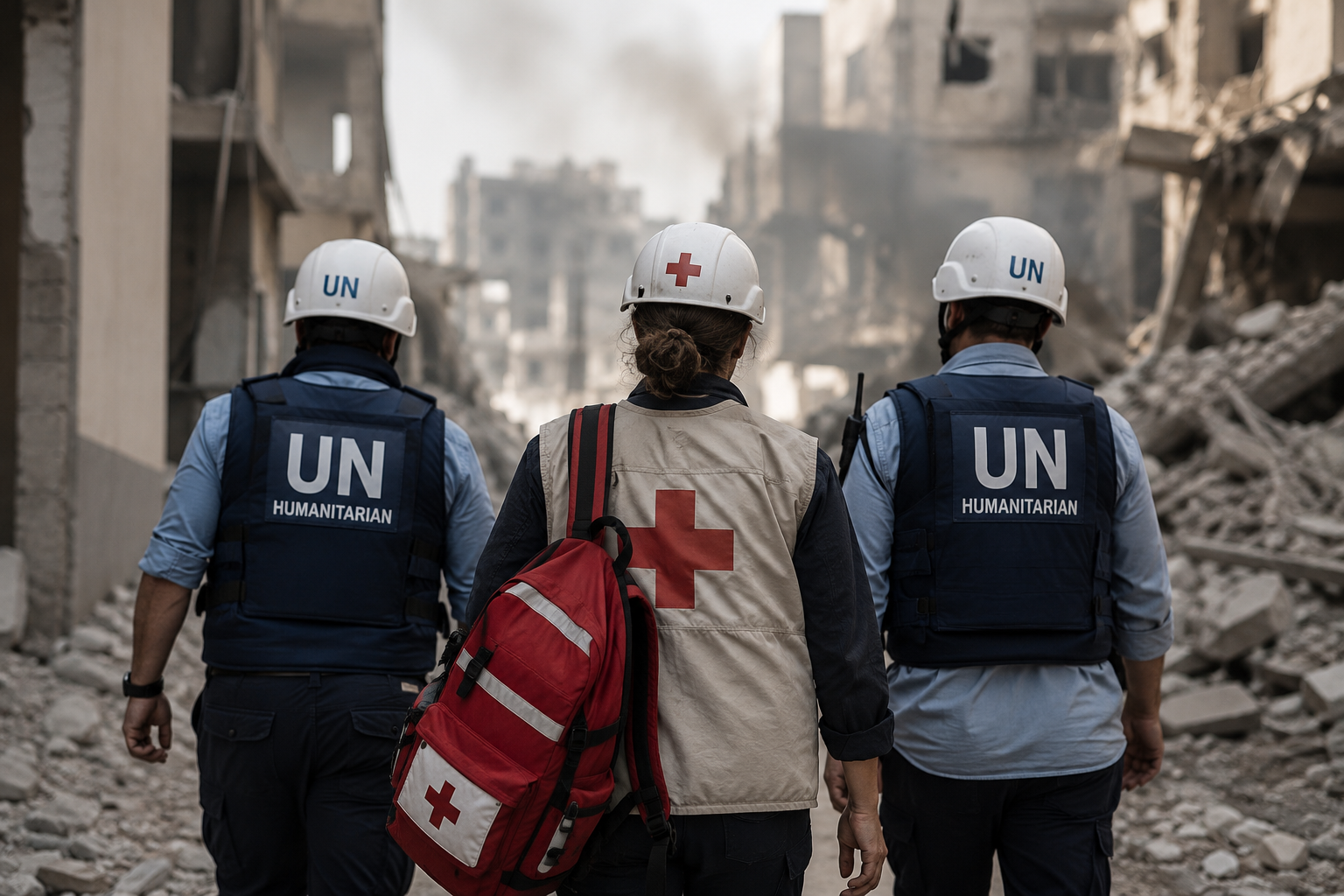 Trois personnes de dos, casques blancs et gilets « UN Humanitarian » ou croix rouge, marchant parmi des immeubles en ruines