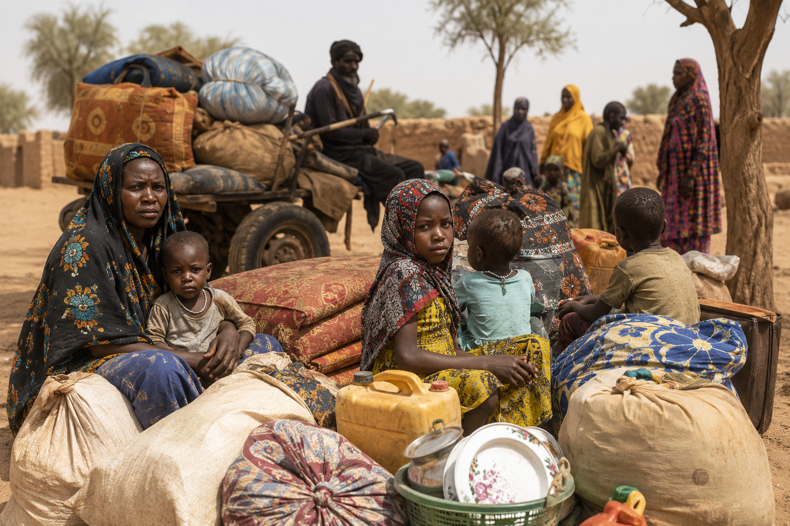 Familles déplacées assises au milieu de sacs, matelas et bidons jaunes, avec une charrette chargée, dans un paysage sec et sableux