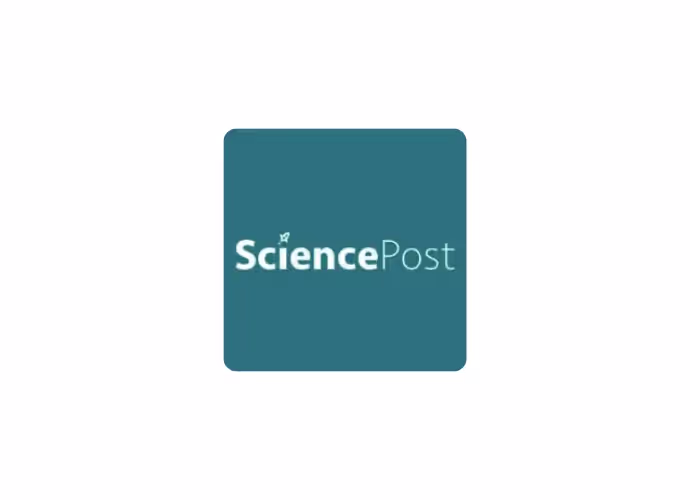 Logo blanc « SciencePost » sur un carré bleu-vert, sur fond blanc