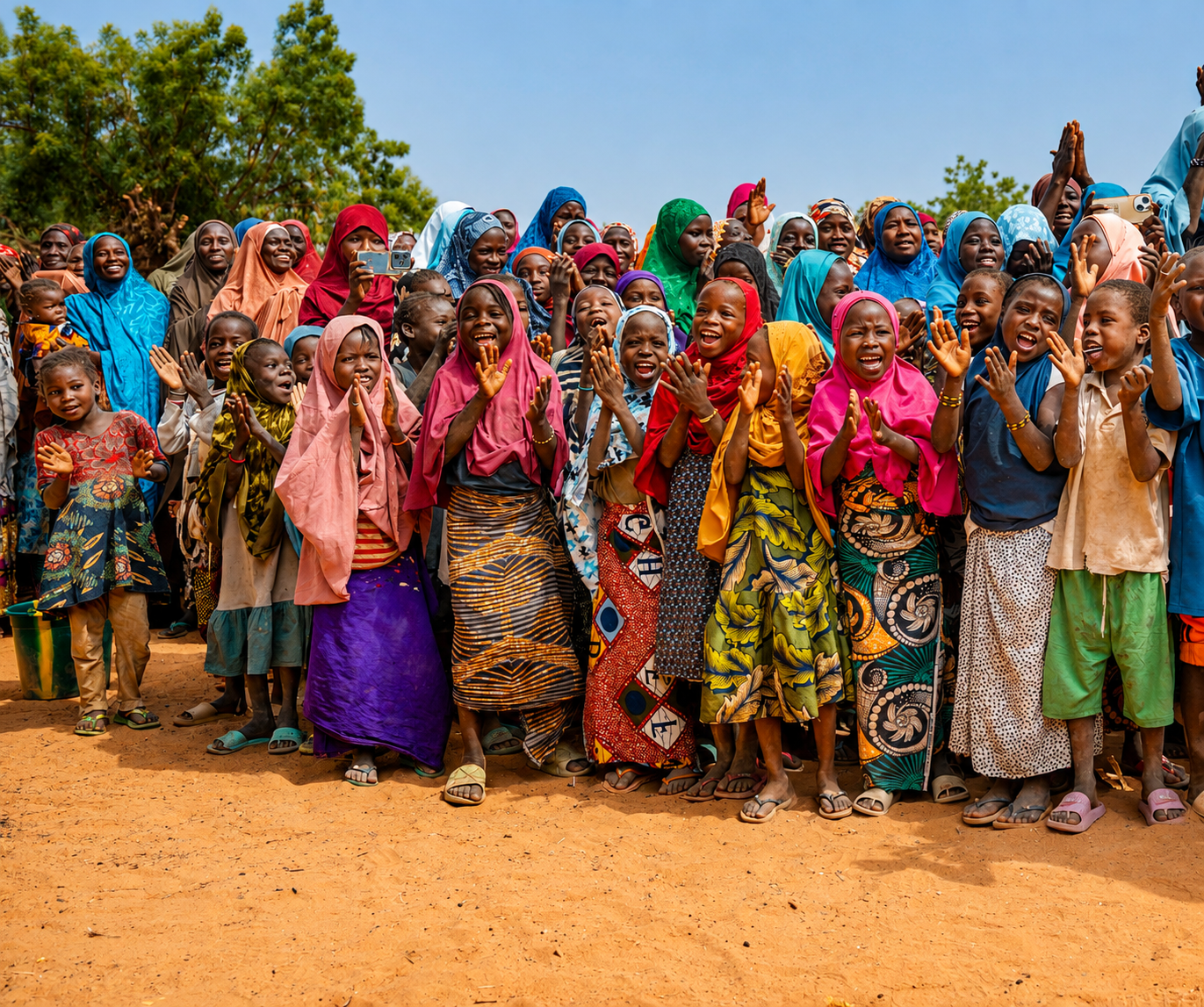 Foule de femmes et d'enfants en foulards colorés, souriants et applaudissant, sur une terre rouge sous les arbres