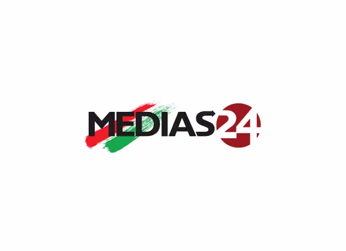 Logo Medias24 : texte noir avec un coup de pinceau rouge et vert et un cercle rouge portant le chiffre 24
