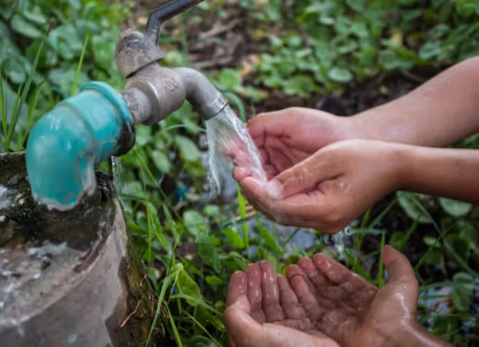 Deux mains en coupe recueillent l'eau qui coule d'un robinet rouillé au milieu de la végétation verte