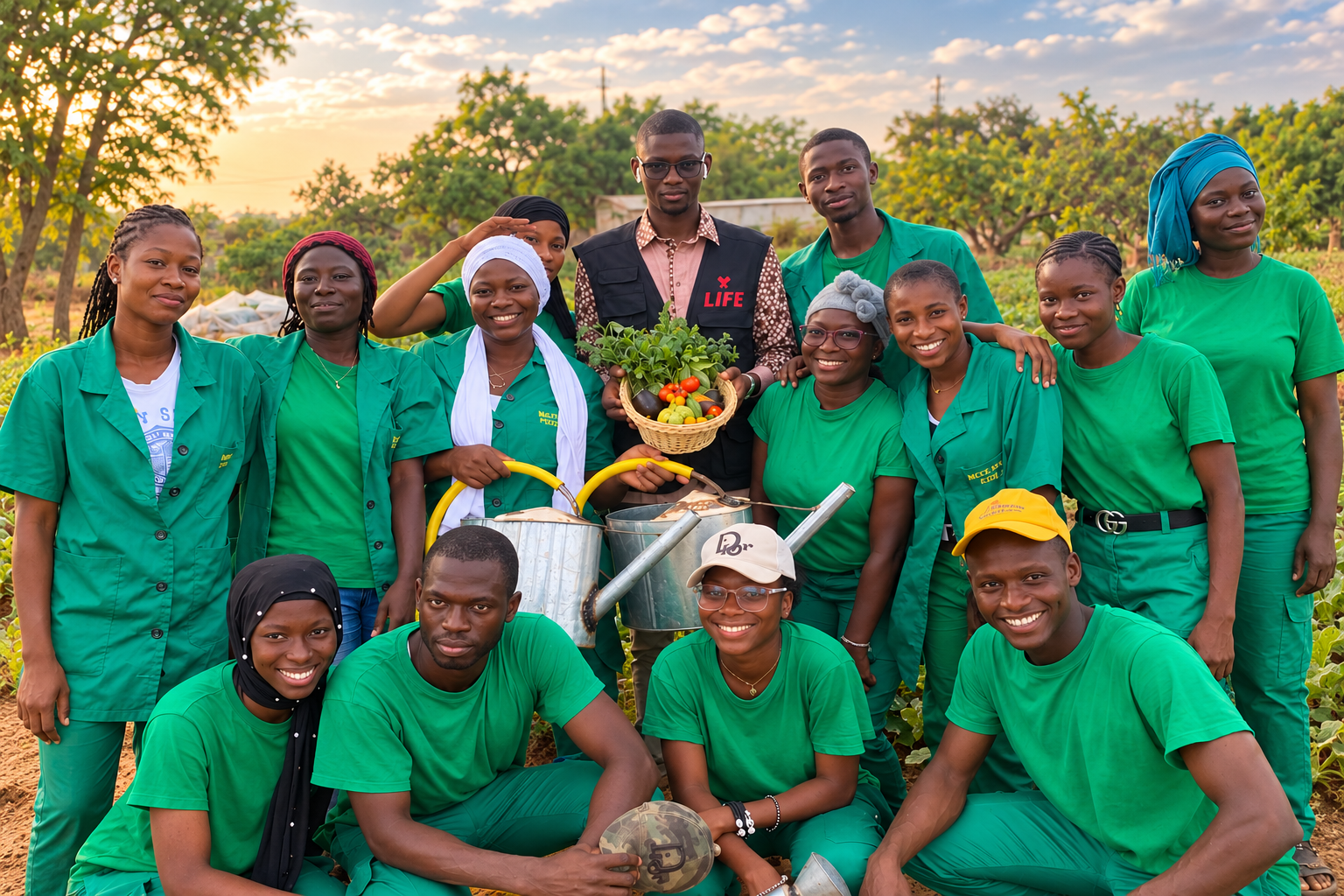 Groupe souriant en tenues vertes dans un champ, avec un panier de légumes et des arrosoirs, un membre portant un gilet LIFE