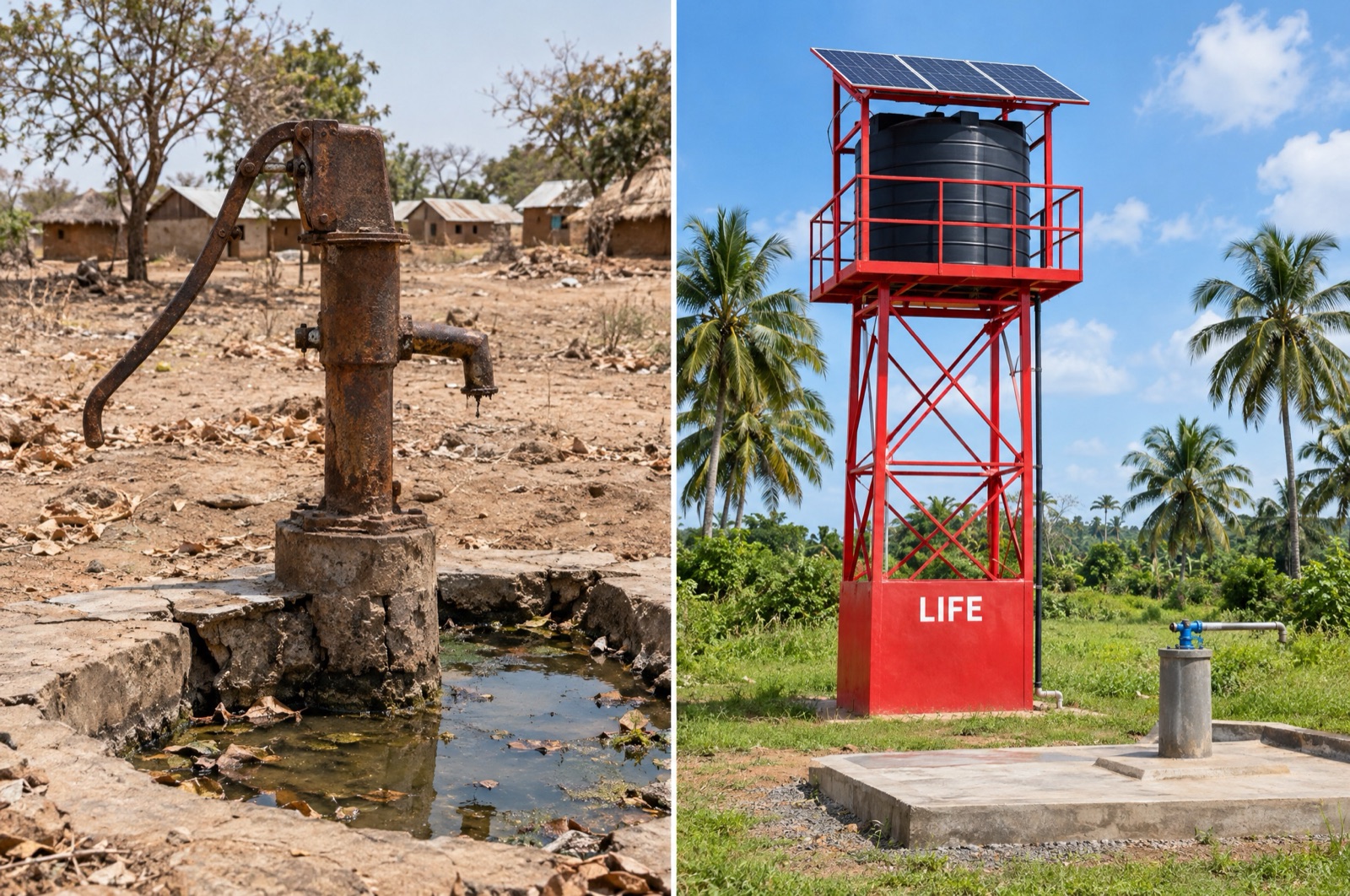 Avant-après : pompe manuelle rouillée au bord d'une eau stagnante, puis château d'eau solaire rouge LIFE avec pompe