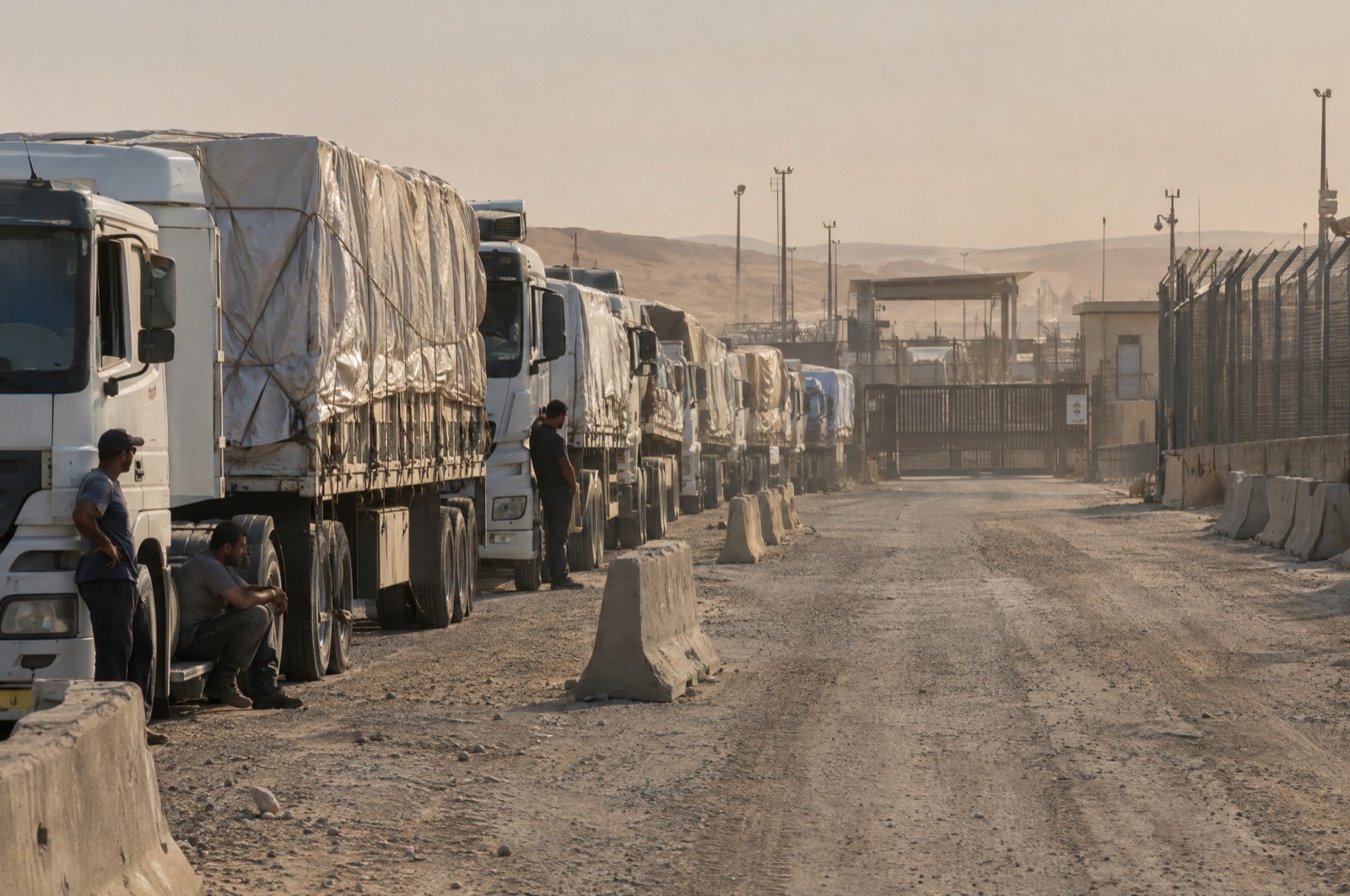File de camions bâchés garés sur une piste de terre le long de blocs de béton, devant un portail de contrôle