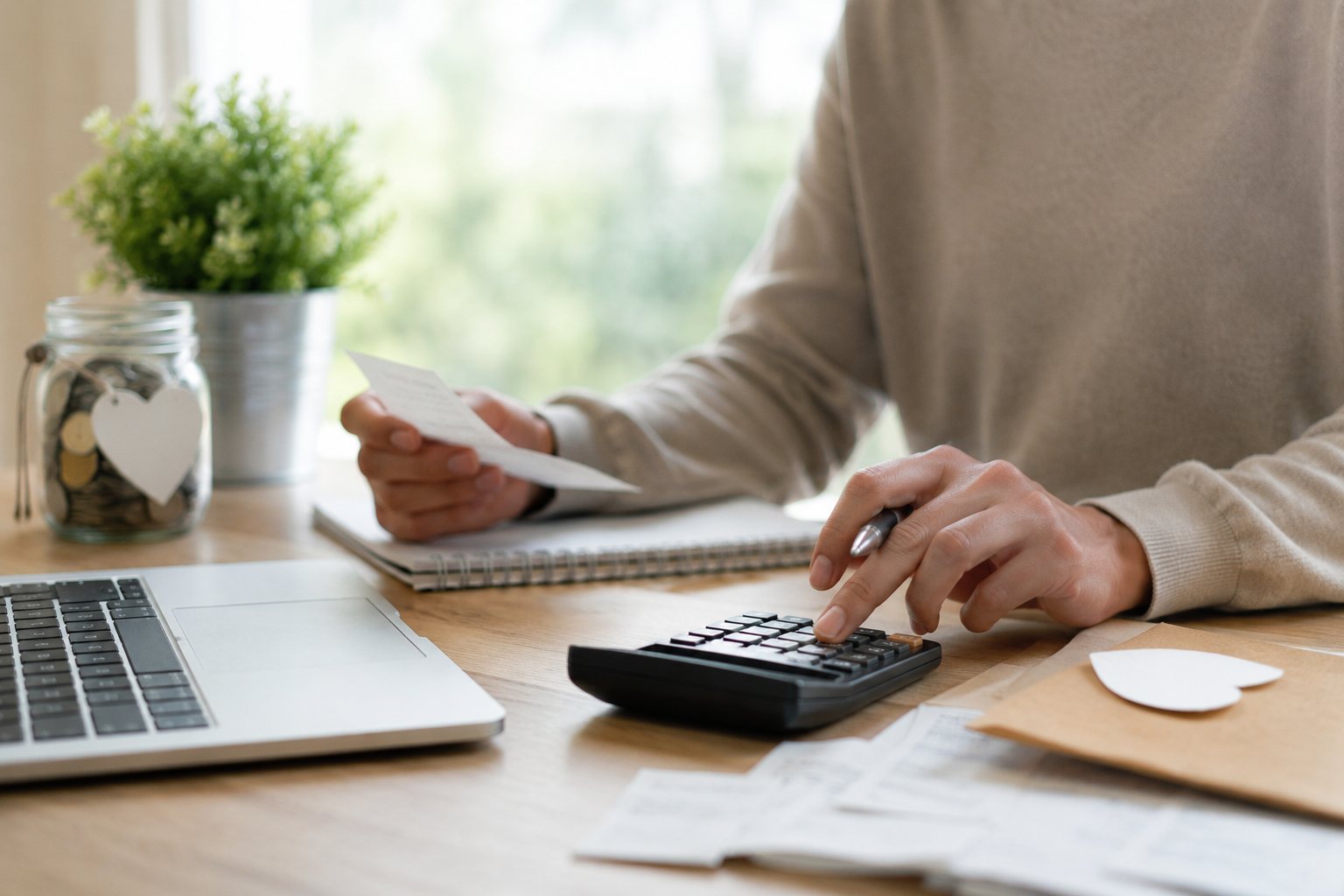 Personne assise à un bureau qui calcule avec une calculatrice, avec factures, ordinateur portable et tirelire en verre