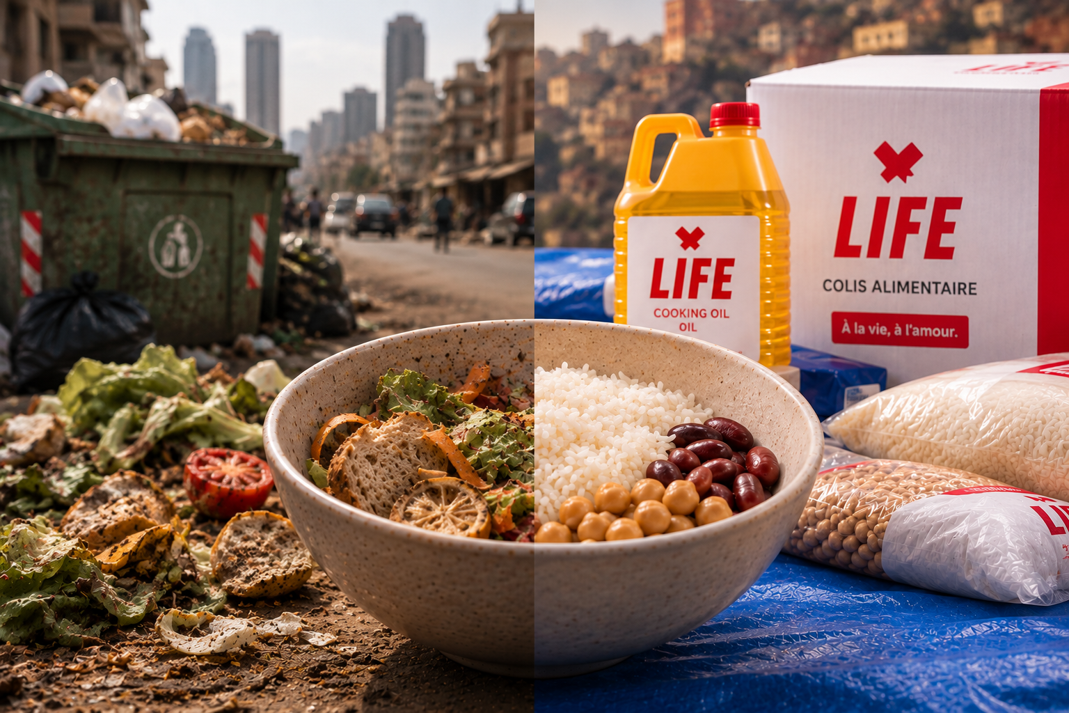 Montage : déchets alimentaires dans une poubelle à gauche, bol de riz et pois chiches avec colis LIFE à droite