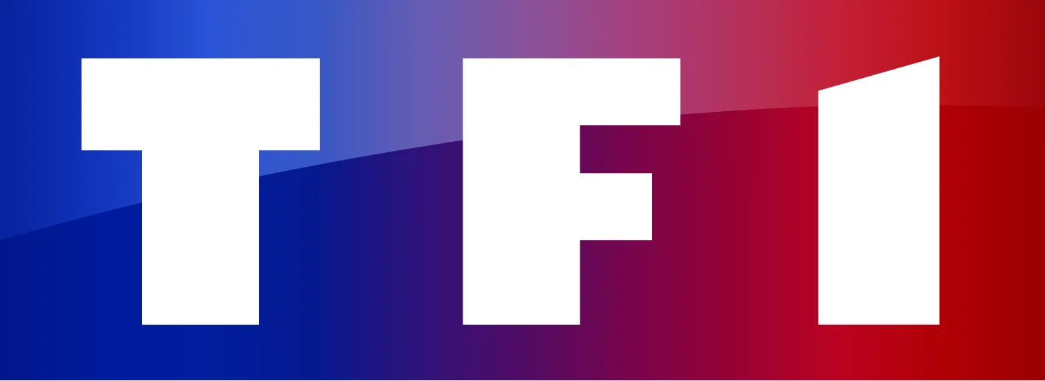 Logo de la chaîne de télévision TF1, lettres blanches sur un fond dégradé du bleu au rouge