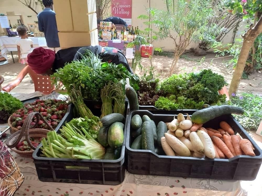 Étal de légumes frais dans des bacs noirs : carottes, radis blancs, concombres, herbes et fraises, avec un stand au fond.