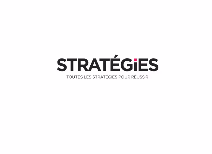Logo noir du magazine Stratégies avec un point rose et la mention « Toutes les stratégies pour réussir »