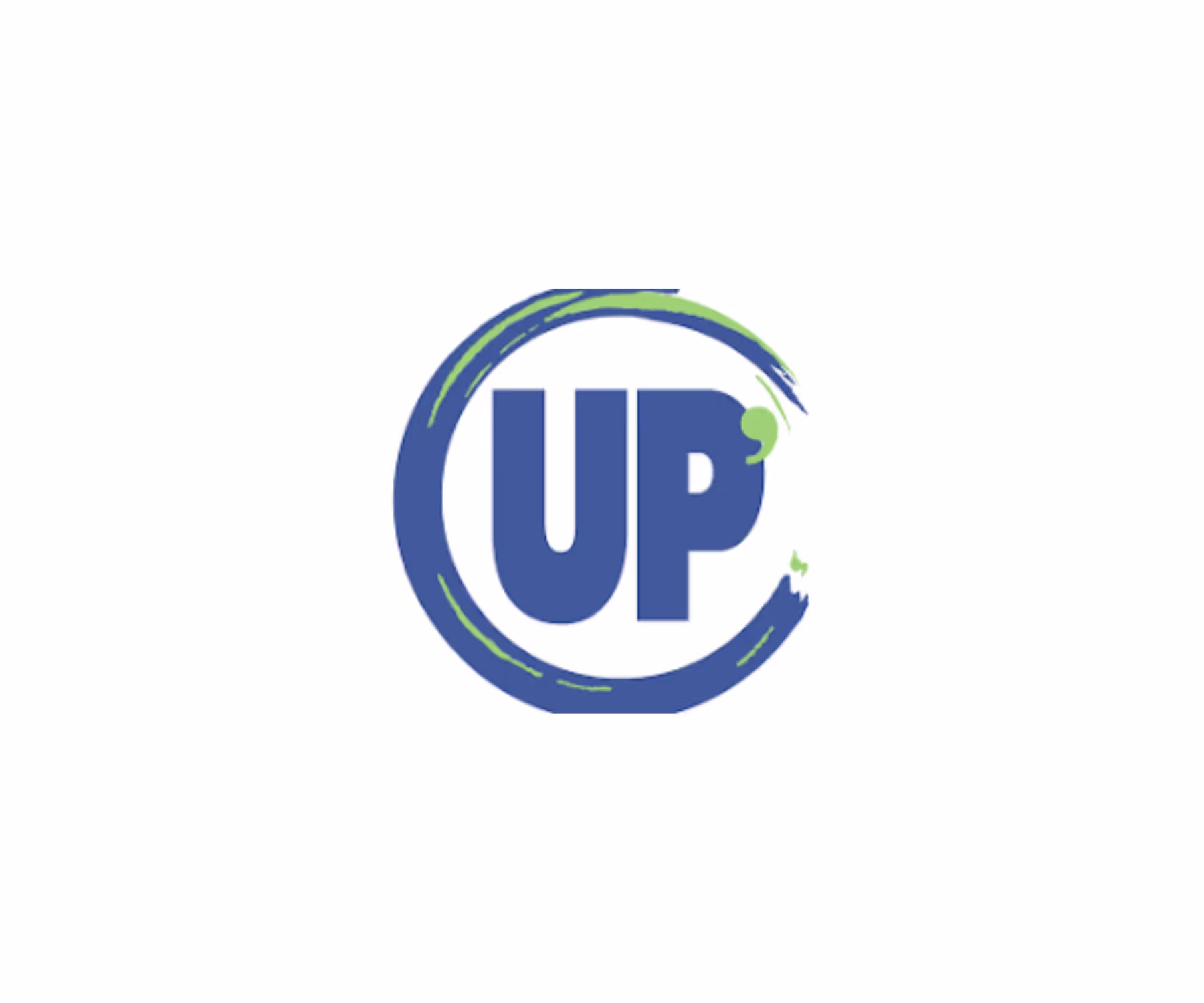 Logo « UP' » en lettres bleues entouré d'un cercle bleu et vert tracé au pinceau, sur fond blanc.