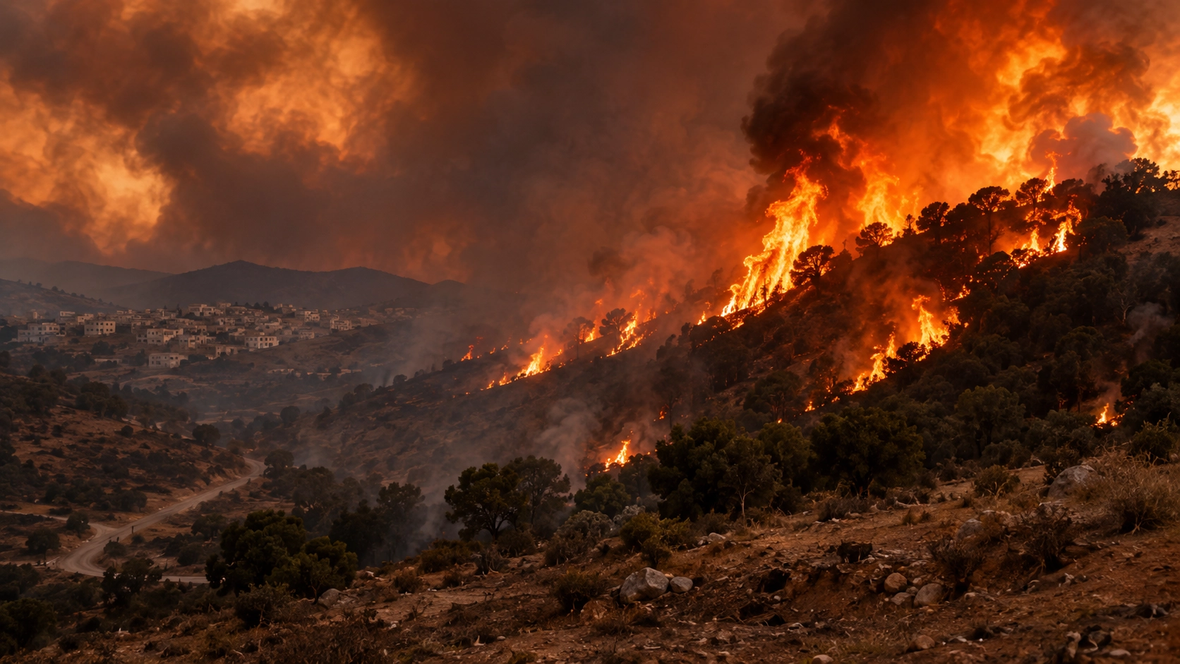 Incendie de forêt sur une colline, flammes et épaisse fumée orange dominant un village aux maisons claires en contrebas