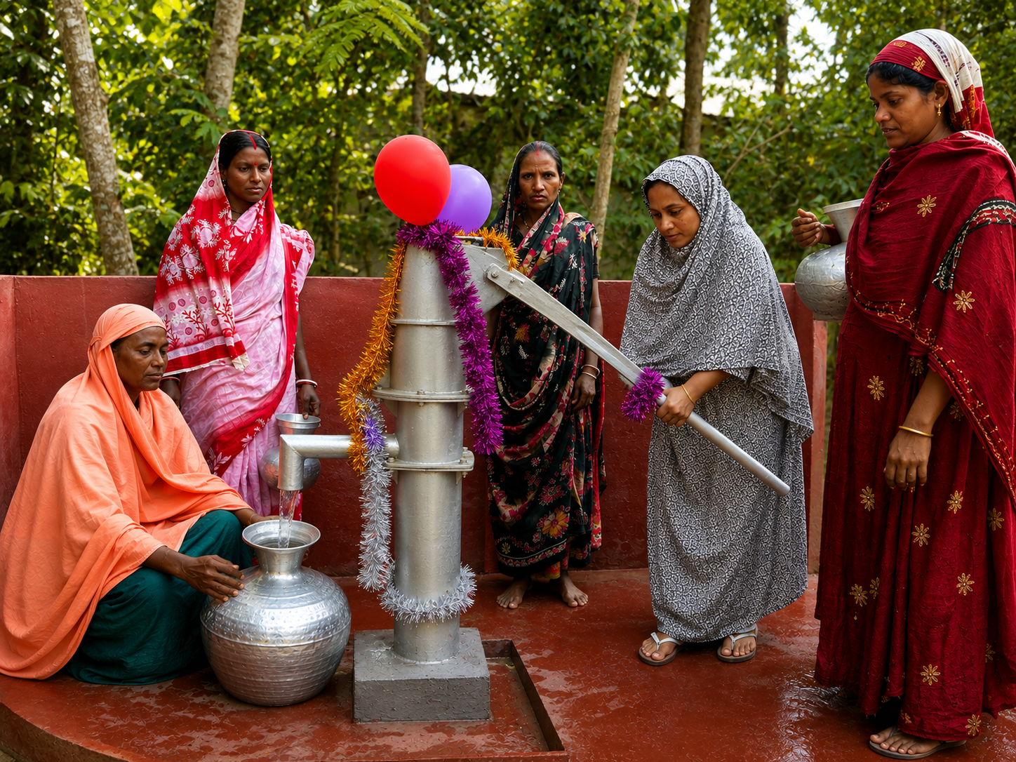 Des femmes en saris et châles colorés autour d'une pompe à main ornée de guirlandes et de ballons, une cruche posée dessous
