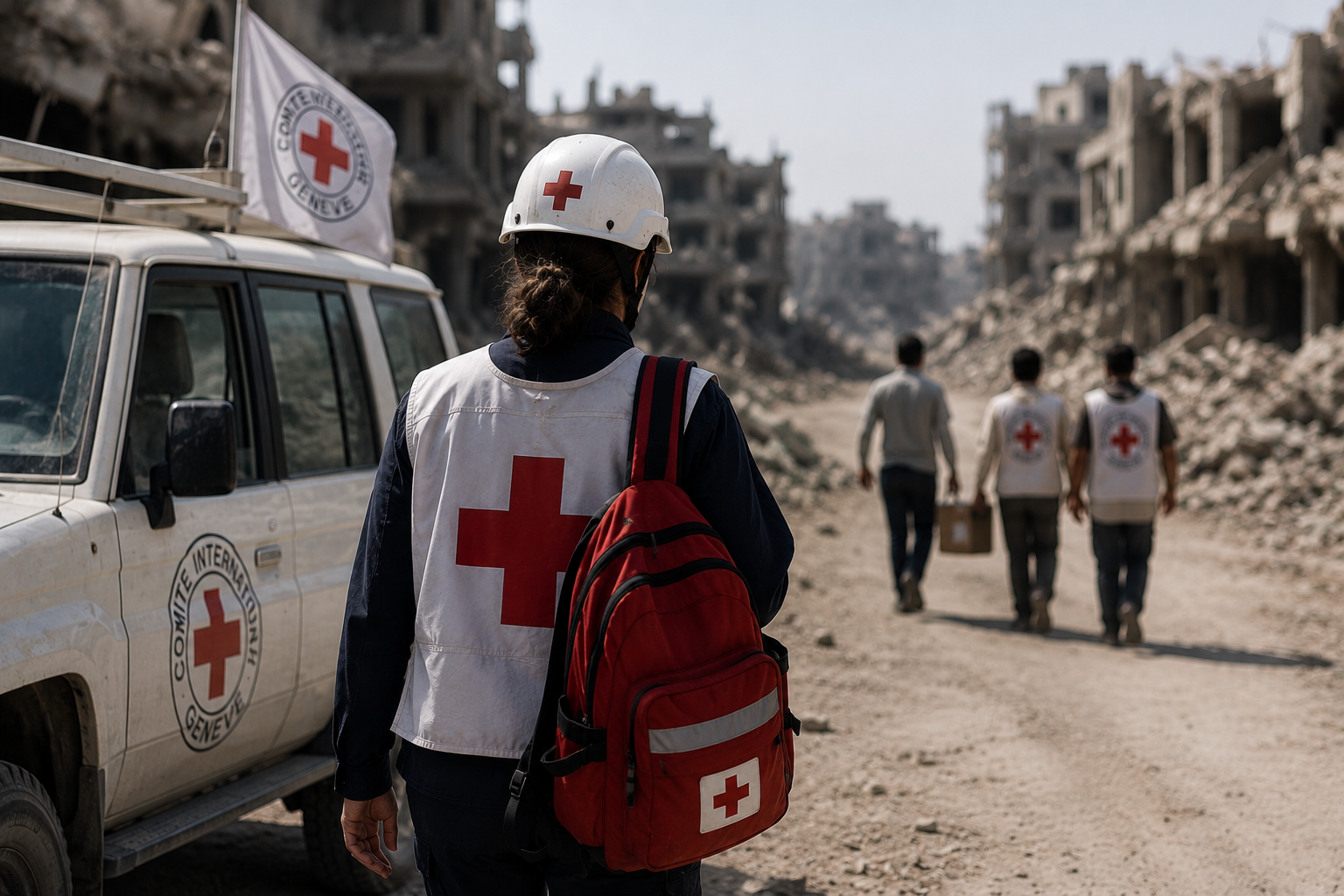 Humanitaire de dos en gilet à croix rouge près d'un véhicule du Comité international, avec des collègues au loin dans une rue en ruines
