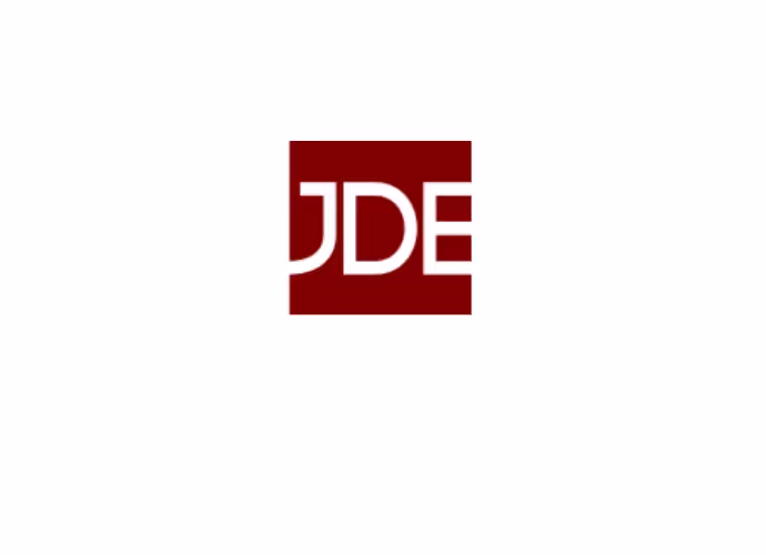 Logo blanc sur carré rouge bordeaux avec les lettres JDE, sur fond blanc