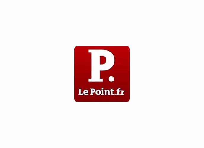Logo rouge du site d'actualité Le Point.fr, avec un grand P blanc suivi d'un point sur fond rouge