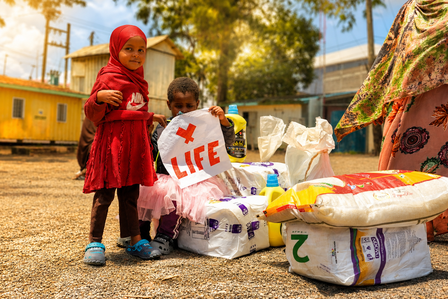 Deux jeunes enfants posent près de sacs de riz et de bidons de lessive ; l'un tient une feuille portant le logo LIFE