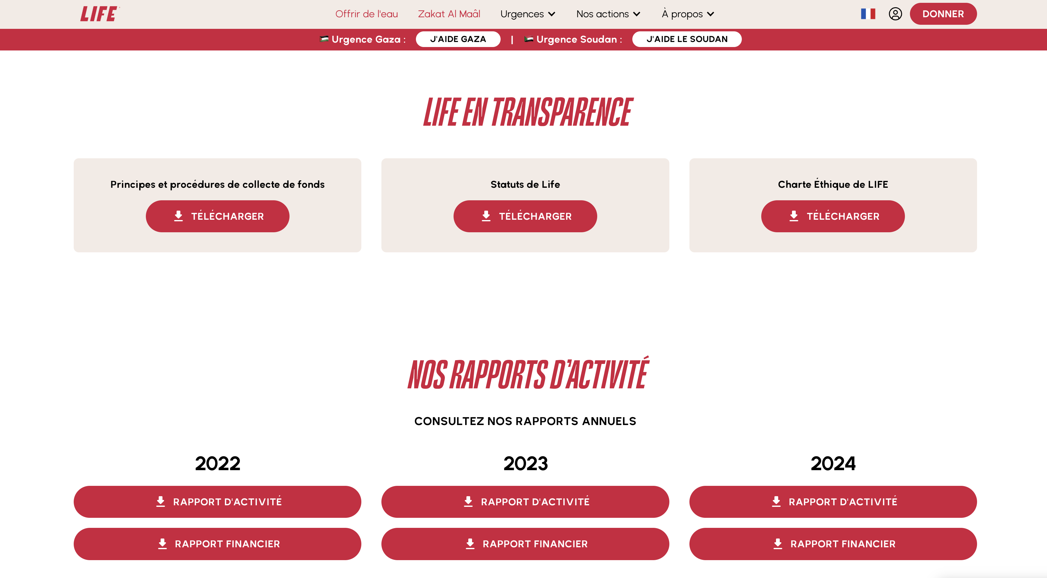 Capture de la page « LIFE en transparence » du site : statuts, charte éthique, rapports d'activité et financiers 2022 à 2024 à télécharger.