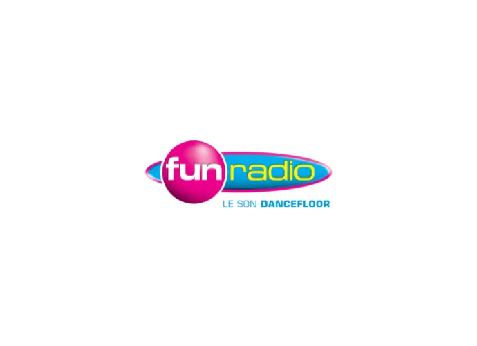 Logo de Fun Radio, boule rose et ovale bleu, avec le slogan « Le son dancefloor » sur fond blanc