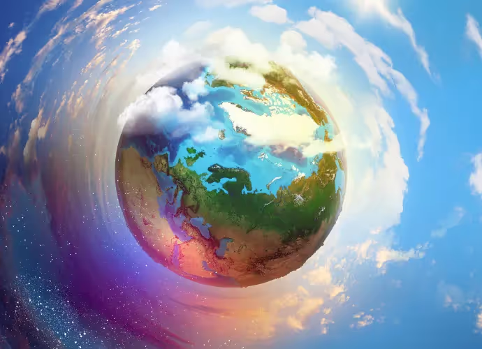Globe terrestre vu de l'espace, entouré de nuages et d'un ciel bleu aux reflets violets et orangés