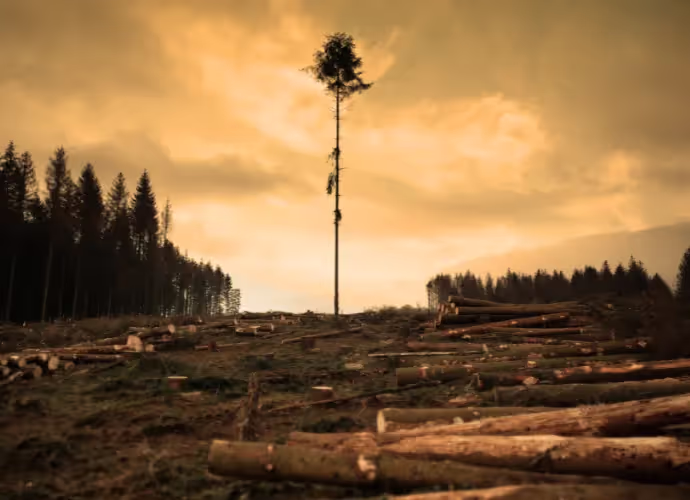 Parcelle forestière déboisée au coucher du soleil, troncs coupés empilés et un seul grand arbre resté debout