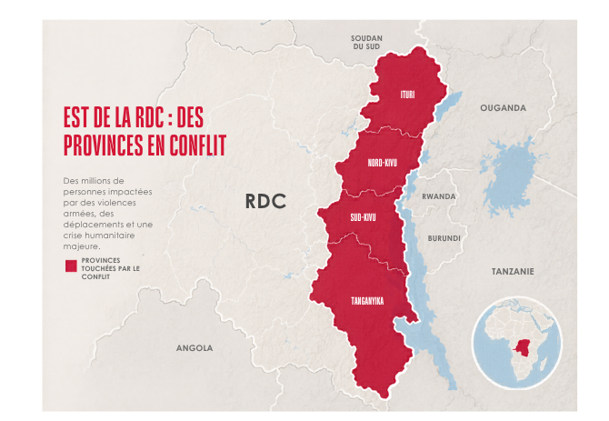 Carte de l'est de la RDC montrant en rouge les provinces en conflit : Ituri, Nord-Kivu, Sud-Kivu et Tanganyika