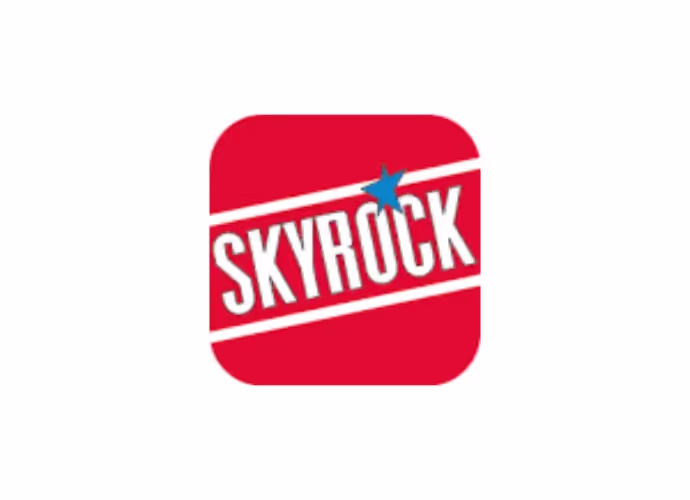 Logo Skyrock : carré rouge aux angles arrondis avec le nom en lettres blanches sur une bande et une étoile bleue