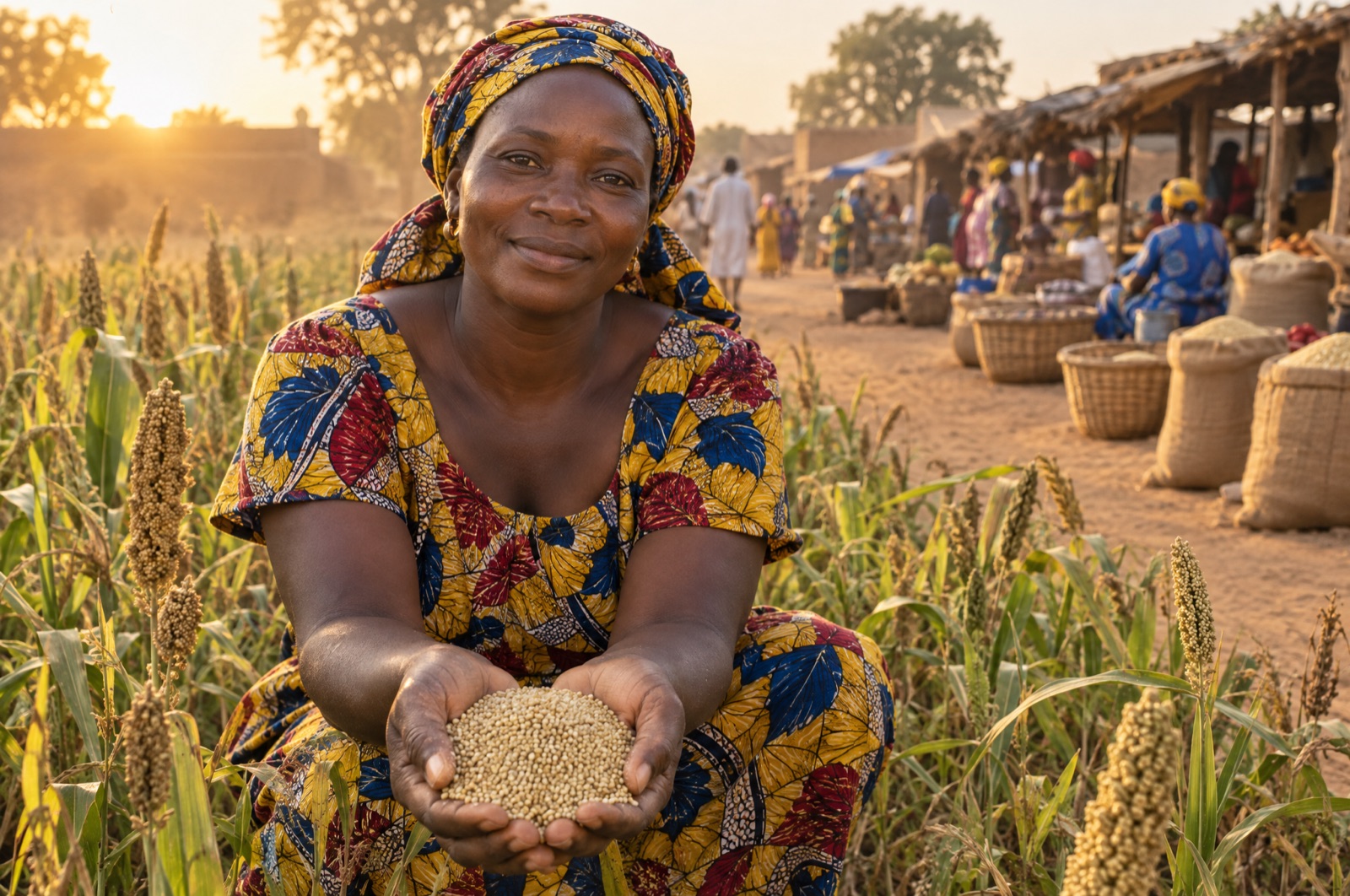 Femme souriante en tenue colorée tenant des grains de sorgho dans ses mains, dans un champ, devant un marché au coucher du soleil