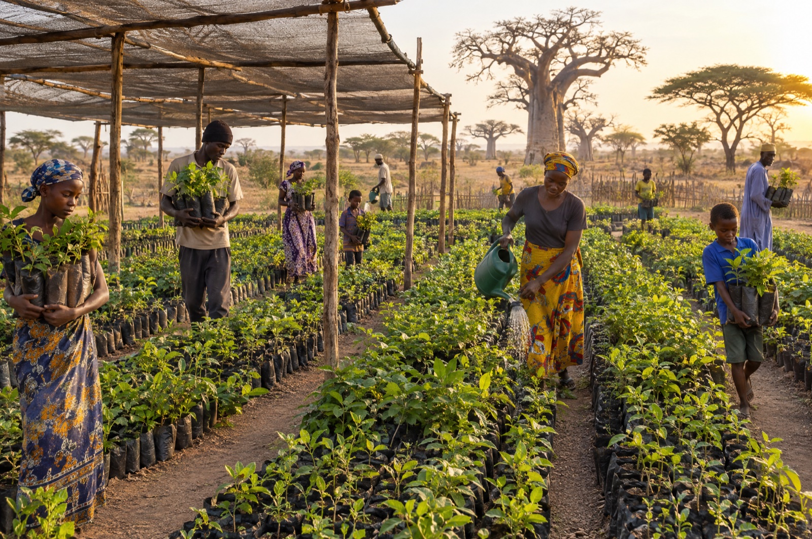 Hommes et femmes arrosant et portant de jeunes plants dans une pépinière sous ombrière, avec des baobabs au loin