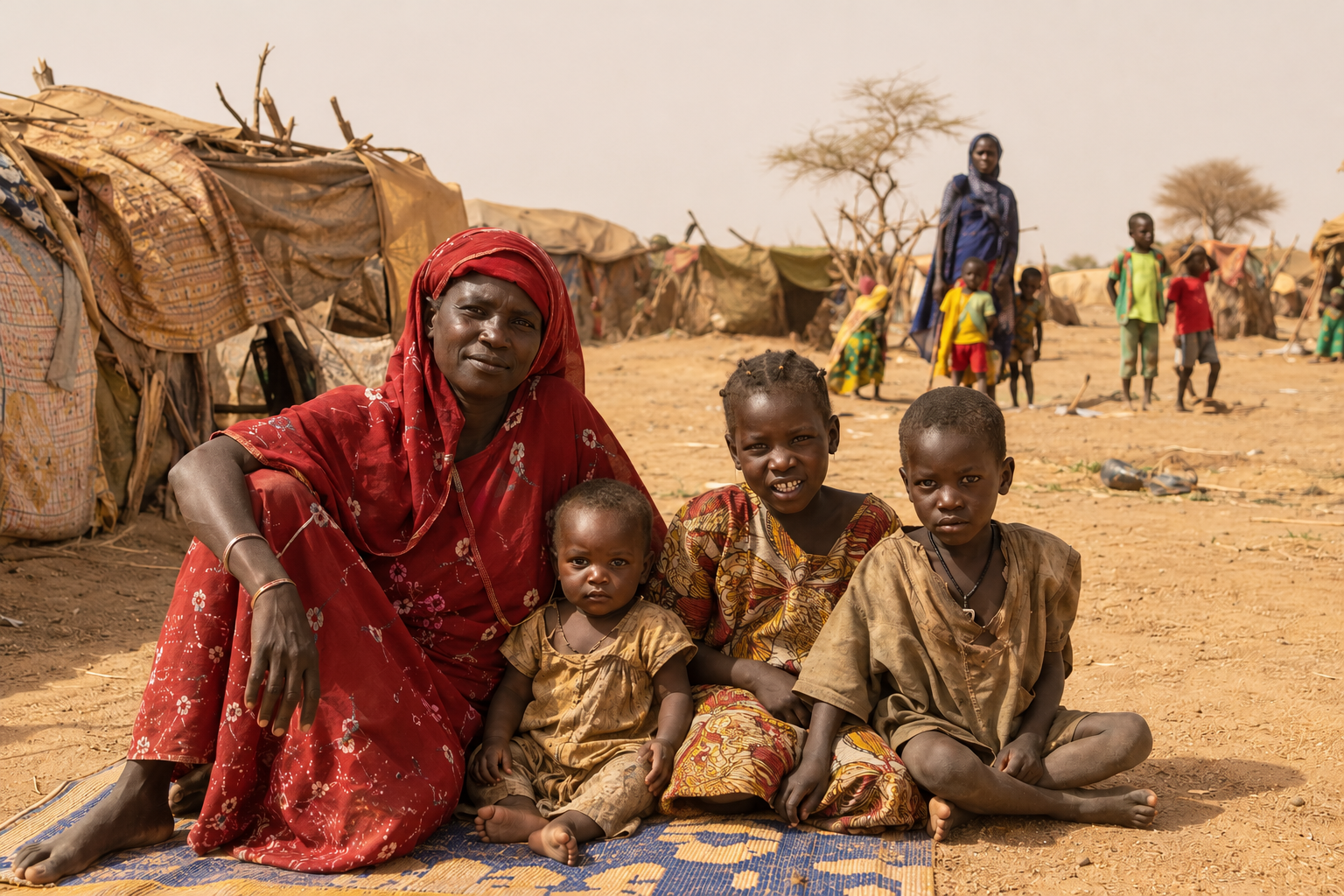 Une femme assise sur un tapis avec trois jeunes enfants devant des abris de fortune dans un paysage aride et poussiéreux