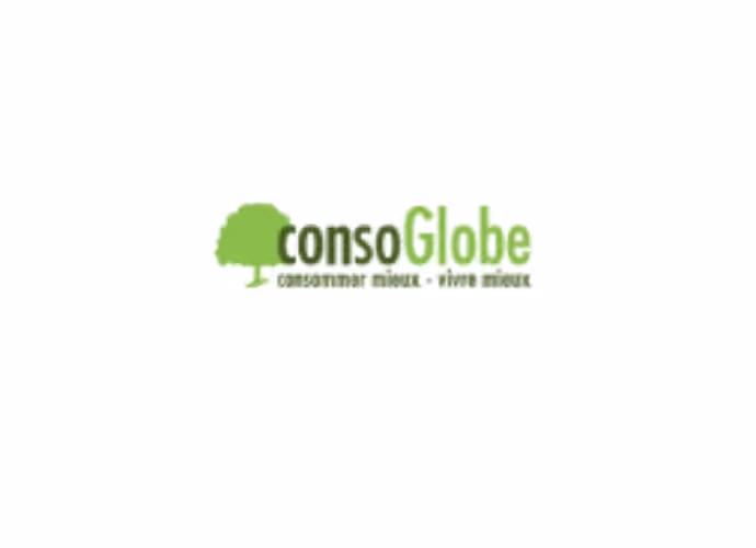 Logo vert et noir de consoGlobe, avec un arbre stylisé et la devise « consommer mieux - vivre mieux »