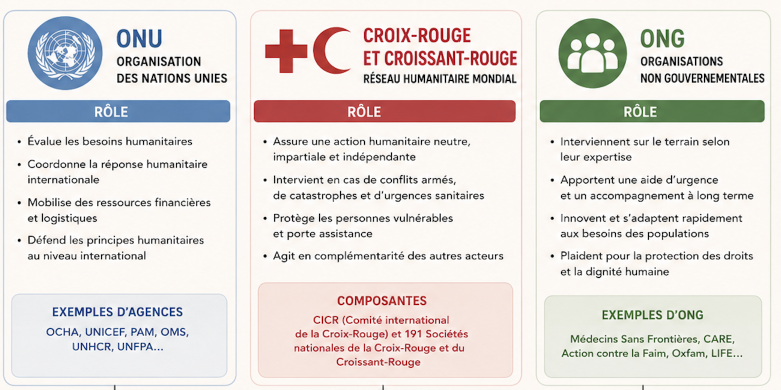 Tableau comparant le rôle de l'ONU, de la Croix-Rouge et du Croissant-Rouge, et des ONG, avec des exemples d'organisations