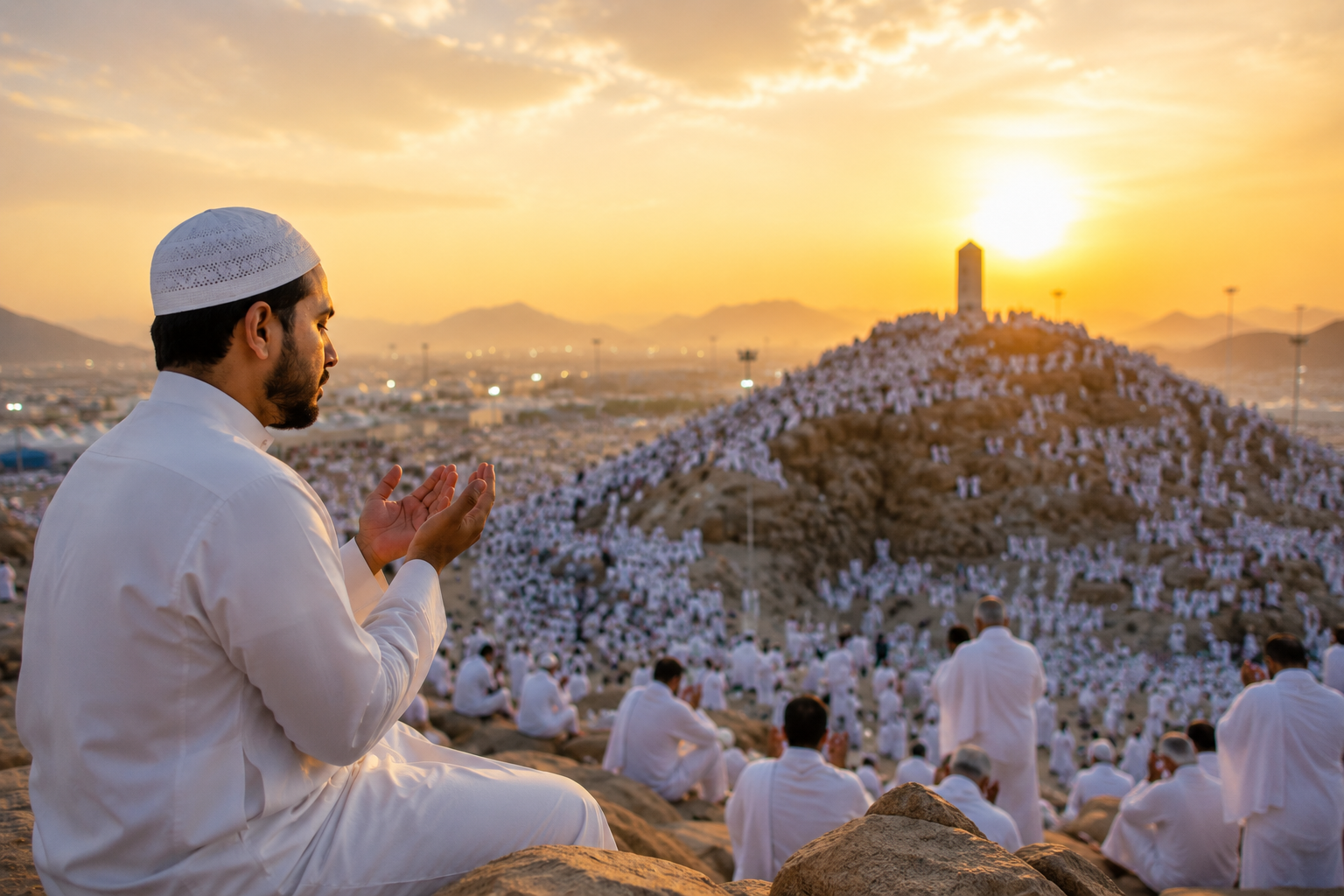 Homme en tenue blanche, mains levées en prière, face à une colline couverte d'une foule en blanc au coucher du soleil