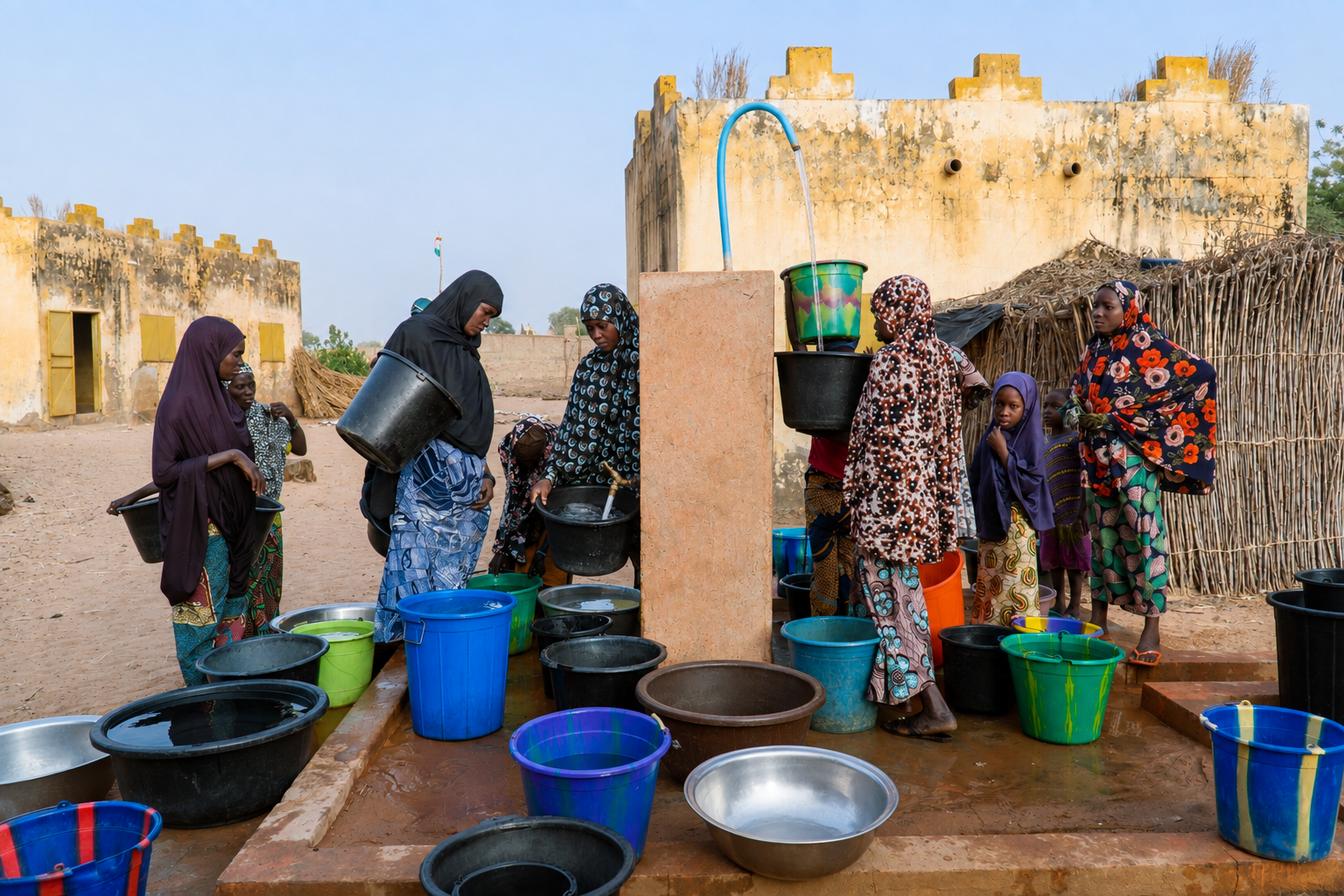 Femmes et enfants remplissent seaux et bassines à un point d'eau, devant des bâtiments en terre jaune
