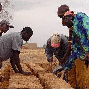 Hommes penchés sur des rangées de briques de terre crue en construction, dans un paysage sec et ensoleillé
