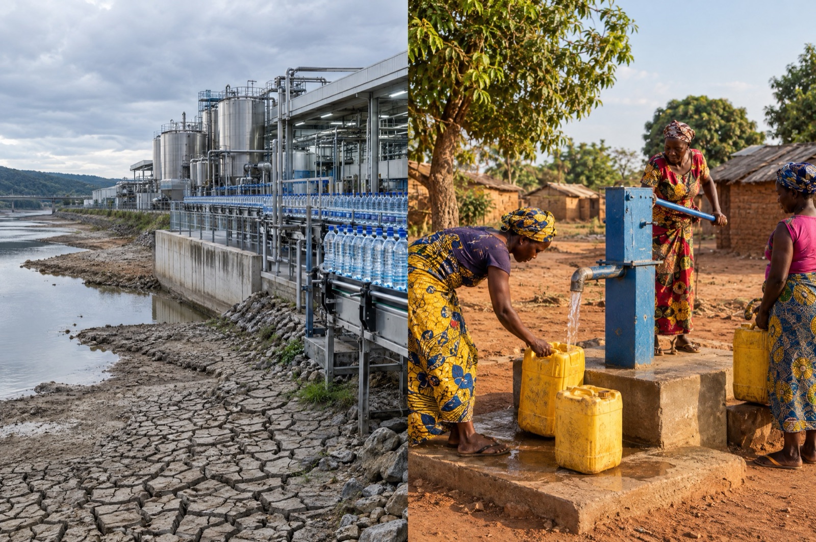 Image en deux parties : usine d'eau en bouteilles près d'un fleuve asséché, et femmes remplissant des bidons jaunes à une pompe